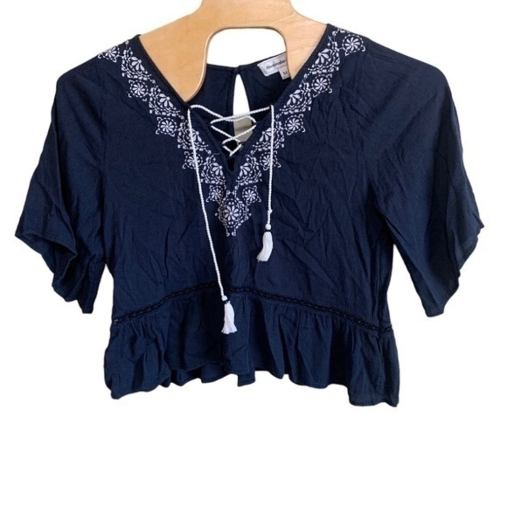 Abercrombie‎ & Fitch Navy White Embroidered Tassel Peasant Top Boho Medium